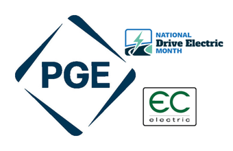 Logos of PGE, National Drive Electric Month, and EC Electric